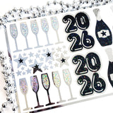 2026 Black and Silver Champagne Sticker Sheet – Sparkly New Year Planner Stickers