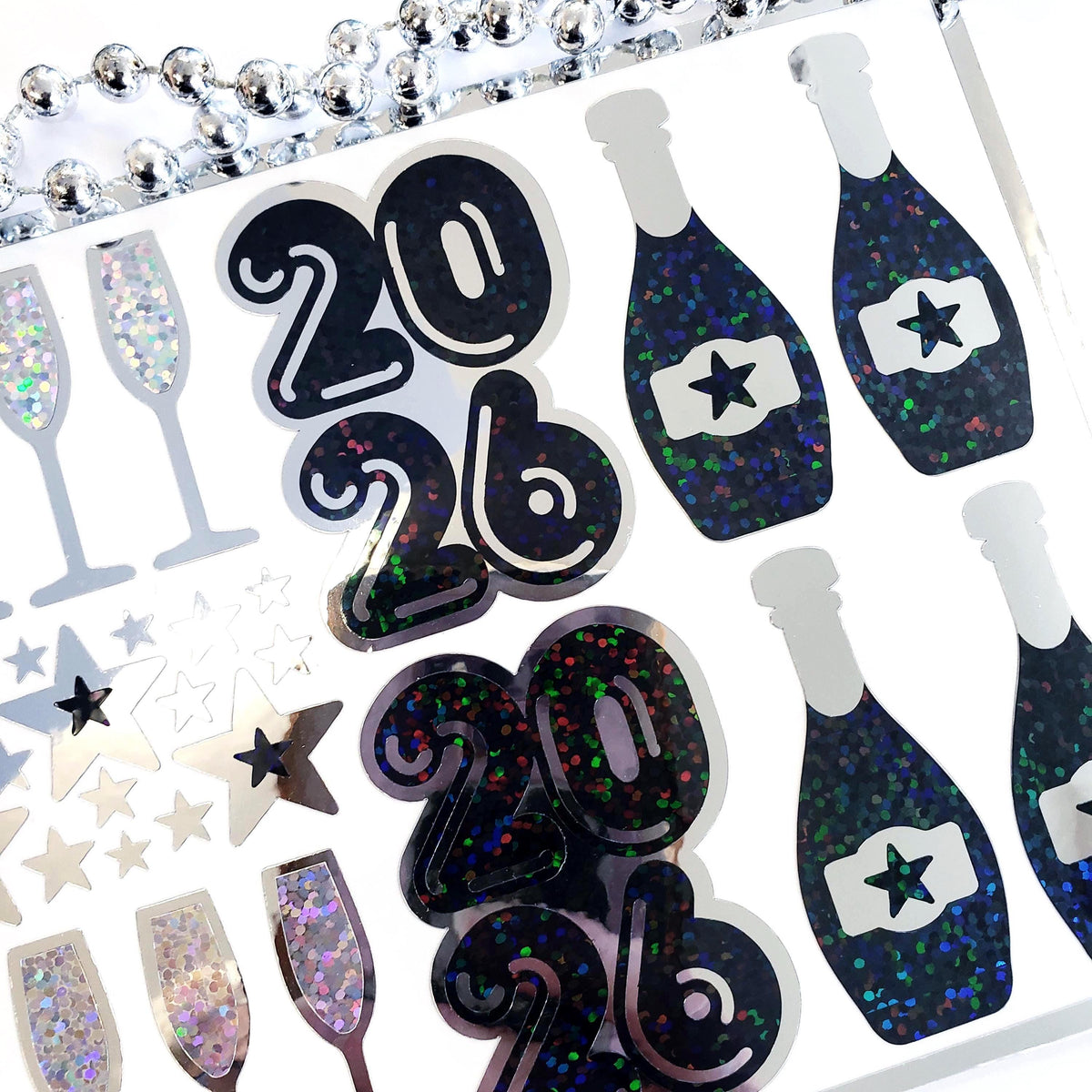 2026 Black and Silver Champagne Sticker Sheet – Sparkly New Year Planner Stickers