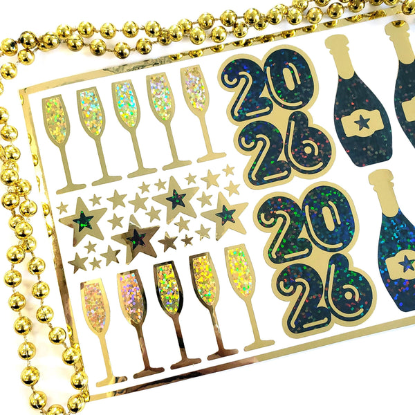 2026 Black and Gold Champagne Sticker Sheet – Sparkly New Year Planner Stickers