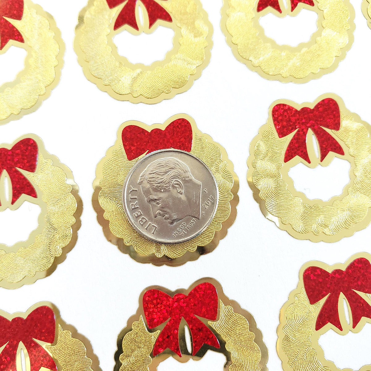 Christmas Wreath Stickers, set of 20 small gold and red decals for holiday envelopes and gift tags.