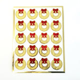 Christmas Wreath Stickers, set of 20 small gold and red decals for holiday envelopes and gift tags.