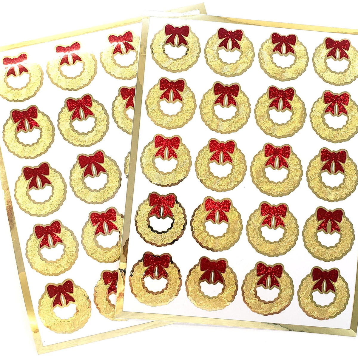 Christmas Wreath Stickers, set of 20 small gold and red decals for holiday envelopes and gift tags.