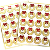 Christmas Wreath Stickers, set of 20 small gold and red decals for holiday envelopes and gift tags.