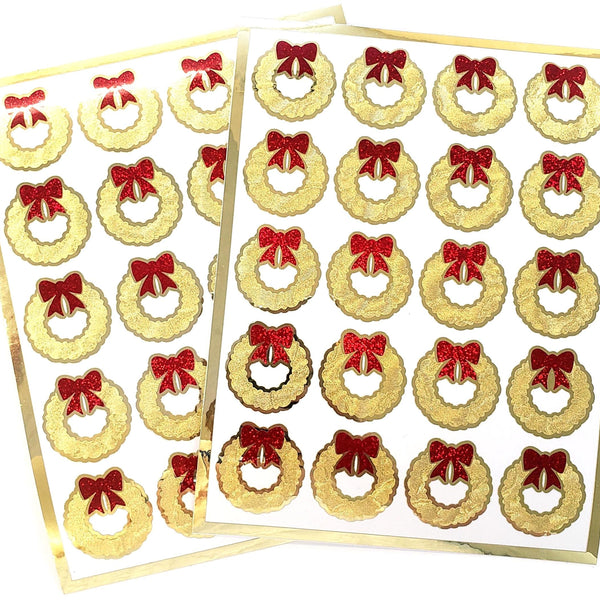 Christmas Wreath Stickers, set of 20 small gold and red decals for holiday envelopes and gift tags.