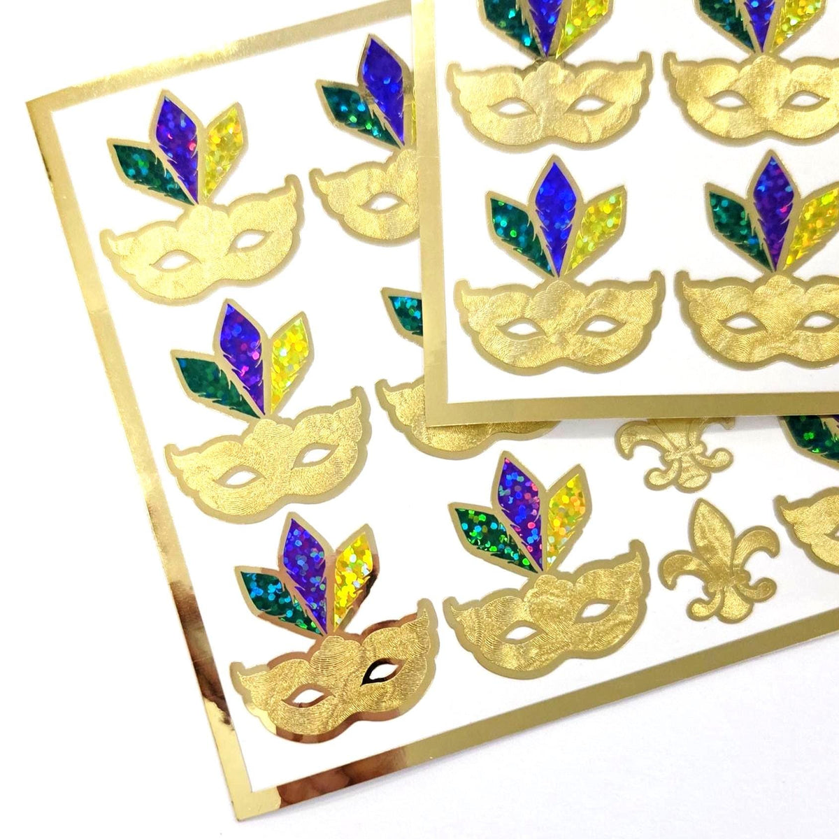 Mardi Gras Stickers, set of 12 gold purple and green sparkly mask stickers.