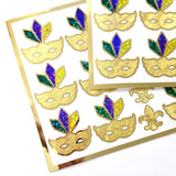 Mardi Gras Stickers, set of 12 gold purple and green sparkly mask stickers.