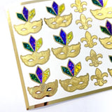 Mardi Gras Stickers, set of 12 gold purple and green sparkly mask stickers.