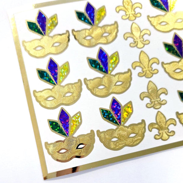 Mardi Gras Stickers, set of 12 gold purple and green sparkly mask stickers.