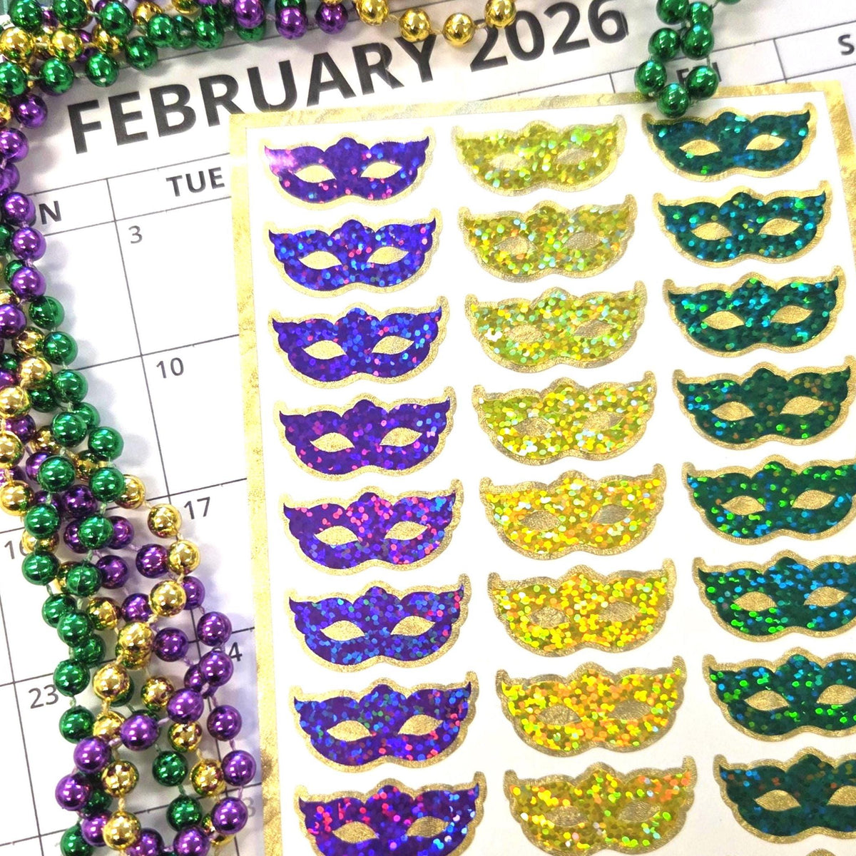 Mardi Gras Mask Stickers, set of 27 purple yellow green gold sparkly vinyl decals.