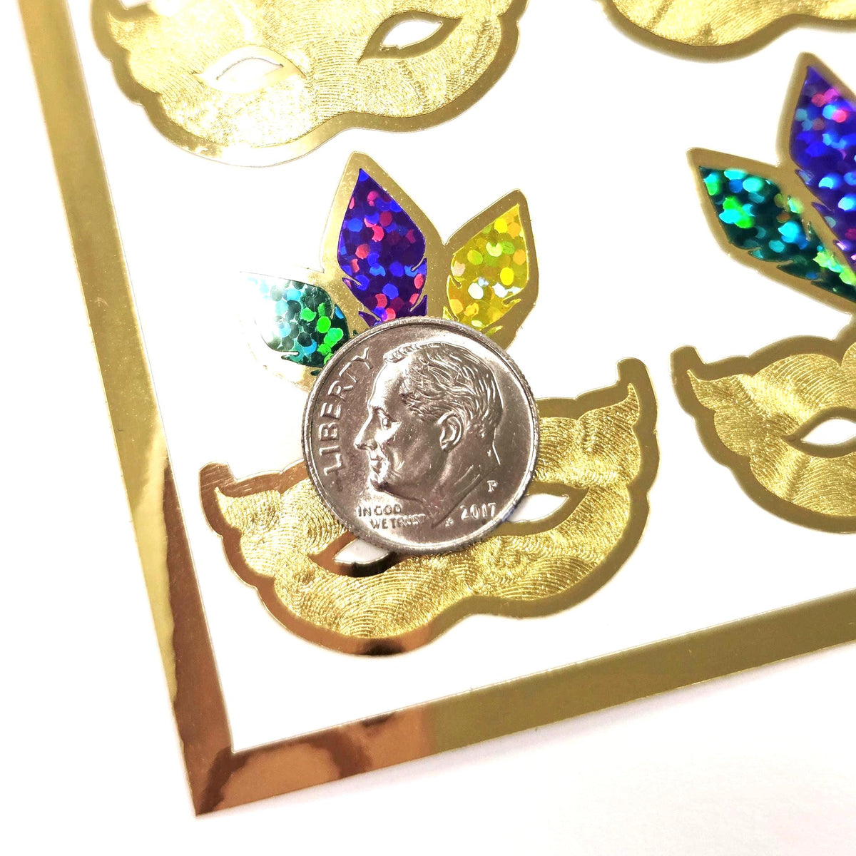 Mardi Gras Stickers, set of 12 gold purple and green sparkly mask stickers.