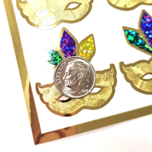 Mardi Gras Stickers, set of 12 gold purple and green sparkly mask stickers.