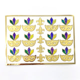Mardi Gras Stickers, set of 12 gold purple and green sparkly mask stickers.