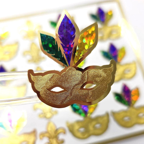 Mardi Gras Stickers, set of 12 gold purple and green sparkly mask stickers.