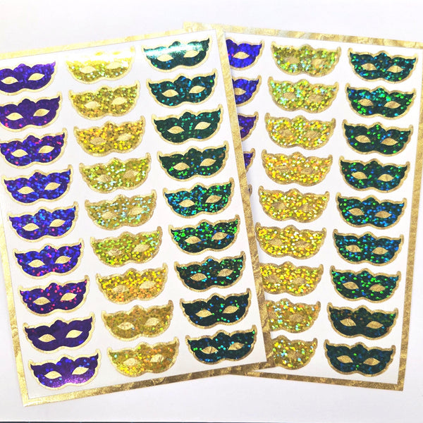 Mardi Gras Mask Stickers, set of 27 purple yellow green gold sparkly vinyl decals.