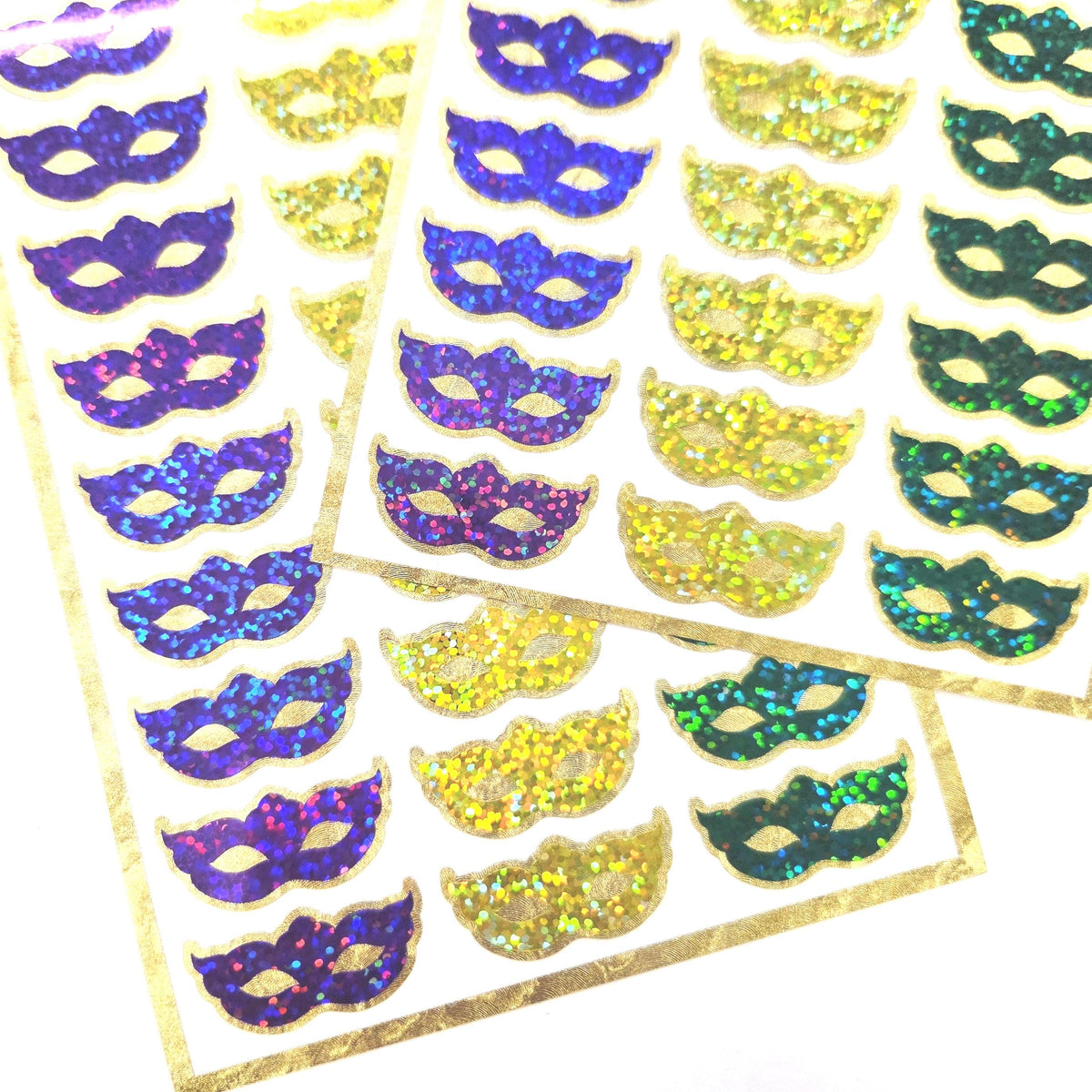 Mardi Gras Mask Stickers, set of 27 purple yellow green gold sparkly vinyl decals.