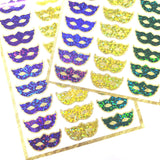 Mardi Gras Mask Stickers, set of 27 purple yellow green gold sparkly vinyl decals.
