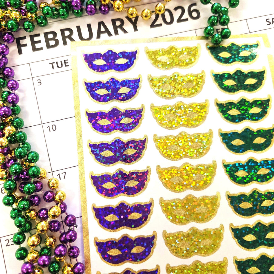 Mardi Gras Mask Stickers, set of 27 purple yellow green gold sparkly vinyl decals.