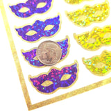 Mardi Gras Mask Stickers, set of 27 purple yellow green gold sparkly vinyl decals.