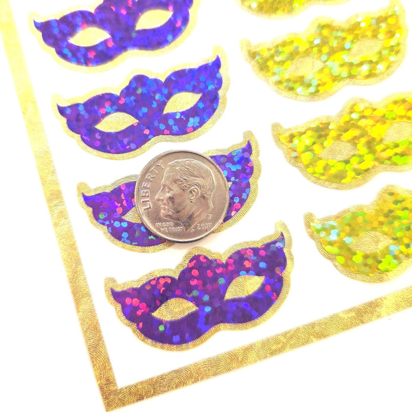 Mardi Gras Mask Stickers, set of 27 purple yellow green gold sparkly vinyl decals.