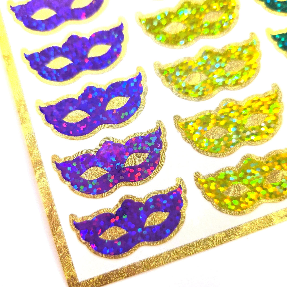 Mardi Gras Mask Stickers, set of 27 purple yellow green gold sparkly vinyl decals.