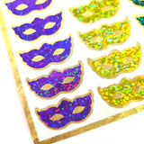 Mardi Gras Mask Stickers, set of 27 purple yellow green gold sparkly vinyl decals.