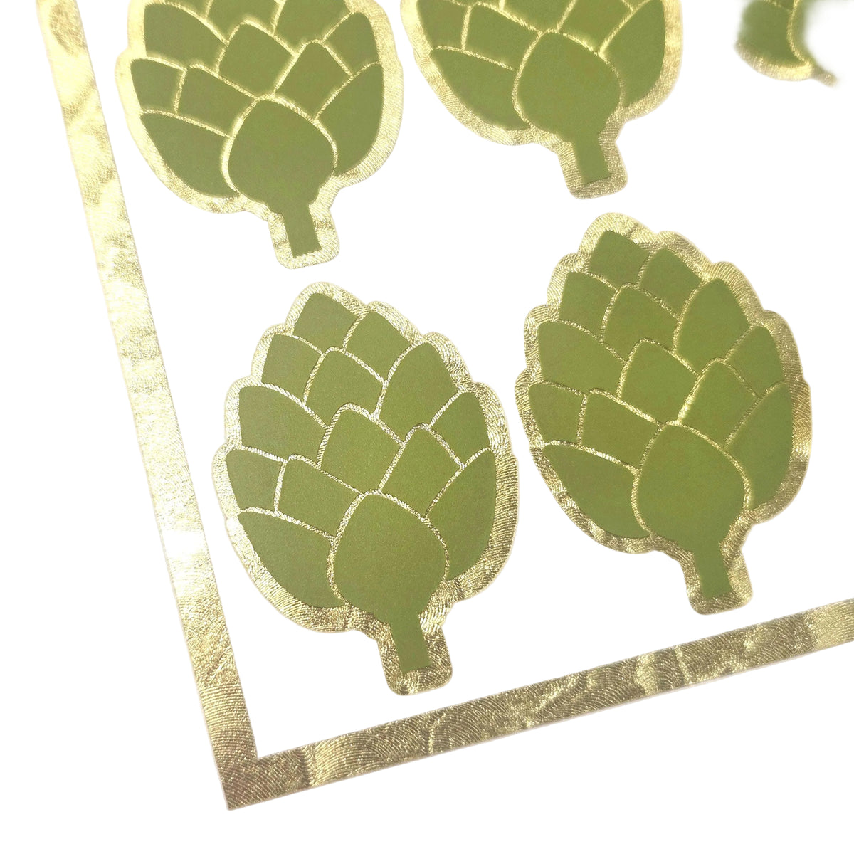Artichoke Stickers, set of 16, gold and green vegetable vinyl decals.