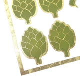 Artichoke Stickers, set of 16, gold and green vegetable vinyl decals.