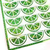 Citrus Fruit Slice Stickers, sheet of 24 sparkly vinyl decals. Choose lime, lemon, orange or pink.