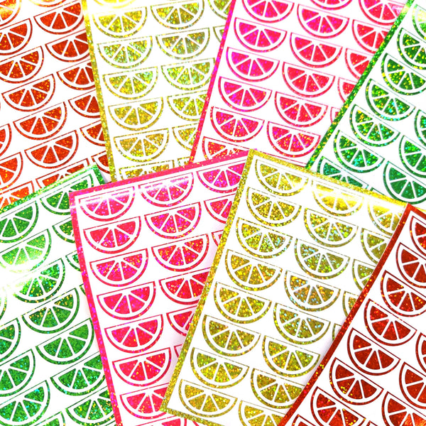 Lime Stickers, sheet of 24 green and white lime wedge vinyl decals.
