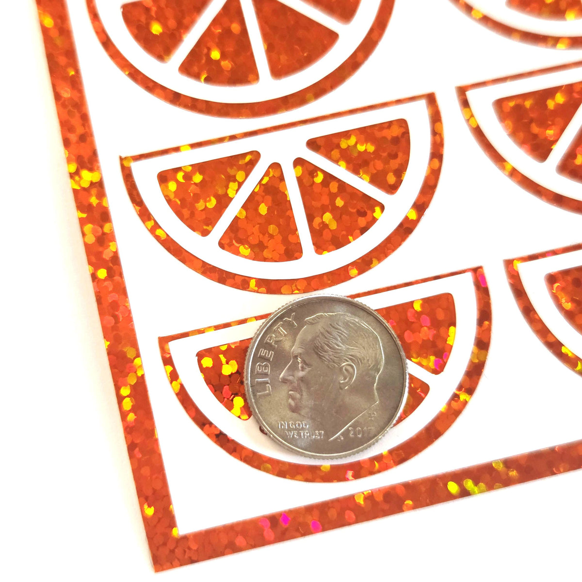 Pink Fruit Slice Stickers, sheet of 24 sparkly pink and white citrus vinyl decals.