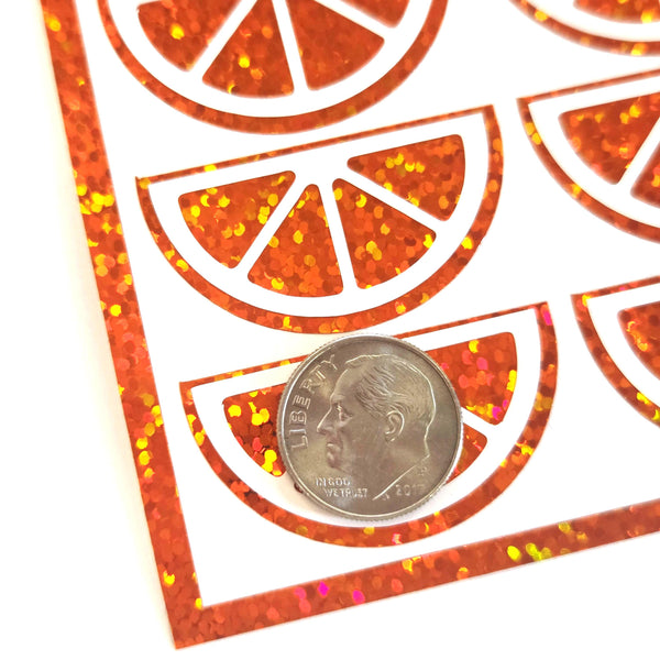 Pink Fruit Slice Stickers, sheet of 24 sparkly pink and white citrus vinyl decals.