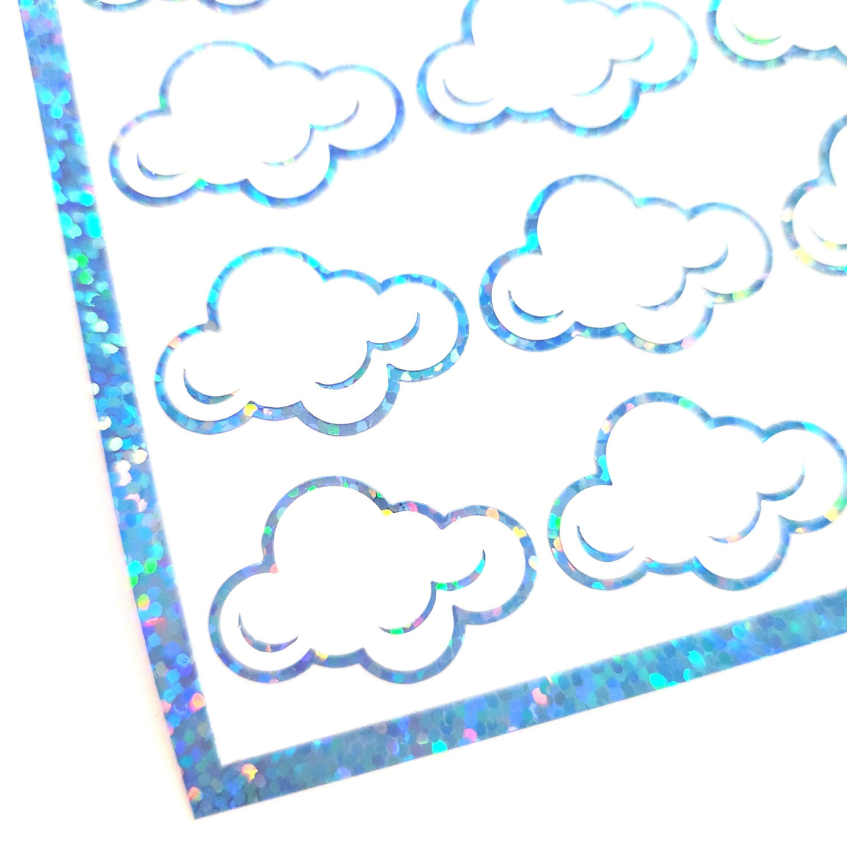 White Cloud Stickers, sheet of 32 sparkly vinyl decals, perfect for a weather tracker or a fun school science project. Silver Lining.