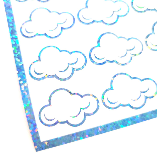 White Cloud Stickers, sheet of 32 sparkly vinyl decals, perfect for a weather tracker or a fun school science project. Silver Lining.