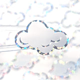 White Cloud Stickers, sheet of 32 sparkly vinyl decals, perfect for a weather tracker or a fun school science project. Silver Lining.