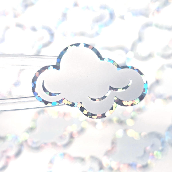 White Cloud Stickers, sheet of 32 sparkly vinyl decals, perfect for a weather tracker or a fun school science project. Silver Lining.