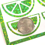 Citrus Fruit Slice Stickers, sheet of 24 sparkly vinyl decals. Choose lime, lemon, orange or pink.