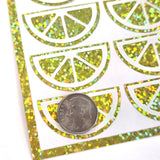 Orange Fruit Slice Stickers, sheet of 24 sparkly orange and white citrus vinyl decals.