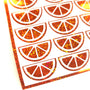 Orange Fruit Slice Stickers, sheet of 24 sparkly orange and white citrus vinyl decals.