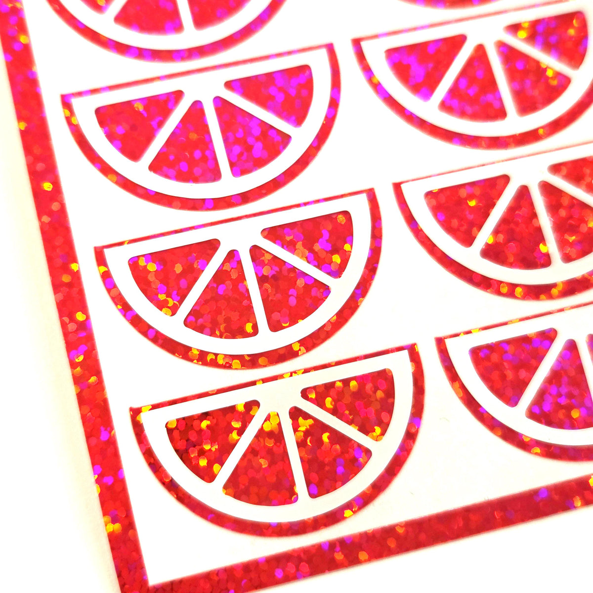 Pink Fruit Slice Stickers, sheet of 24 sparkly pink and white citrus vinyl decals.