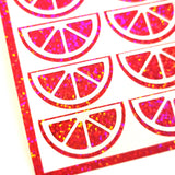 Pink Fruit Slice Stickers, sheet of 24 sparkly pink and white citrus vinyl decals.