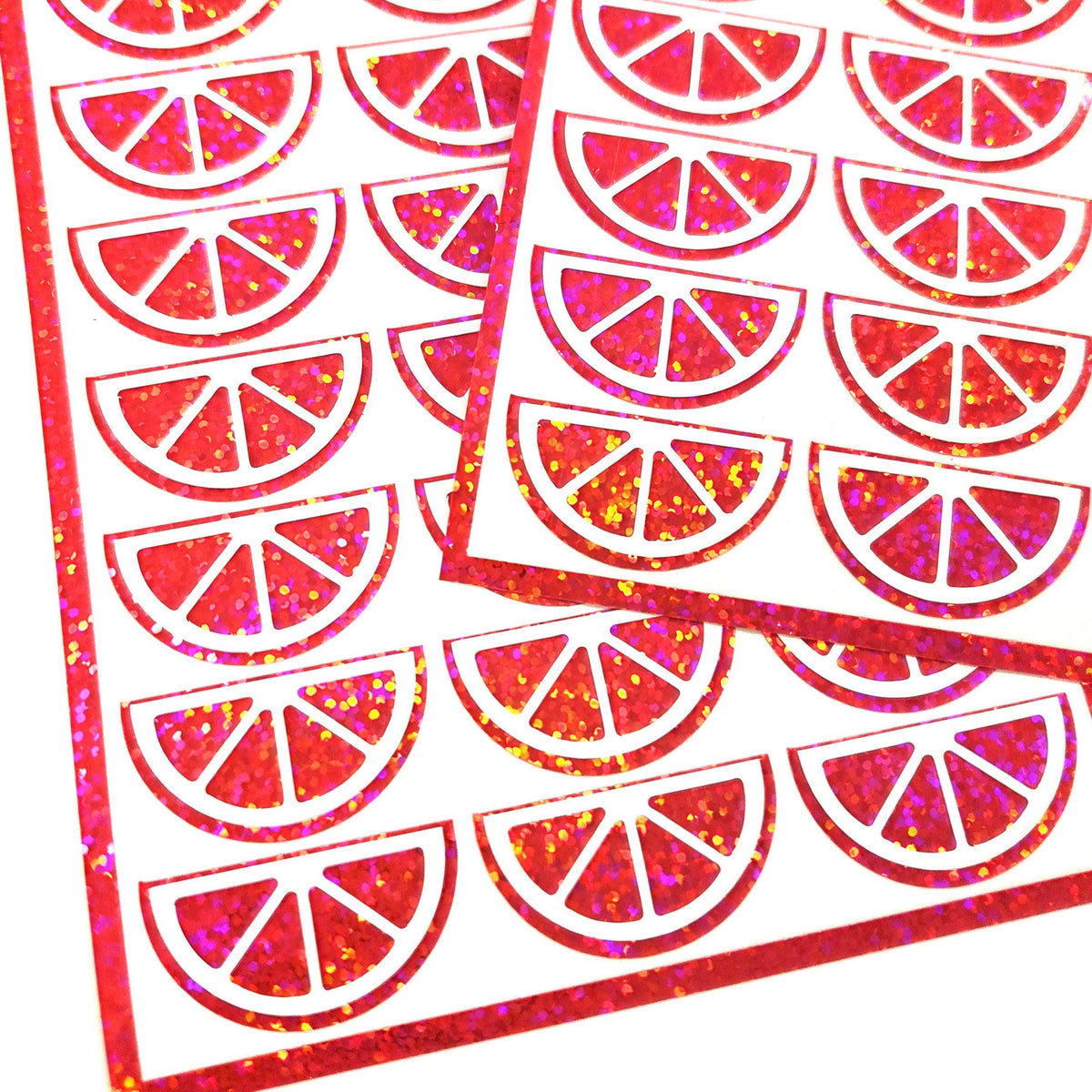 Pink Fruit Slice Stickers, sheet of 24 sparkly pink and white citrus vinyl decals.