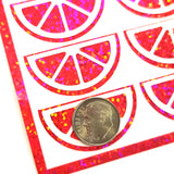 Pink Fruit Slice Stickers, sheet of 24 sparkly pink and white citrus vinyl decals.