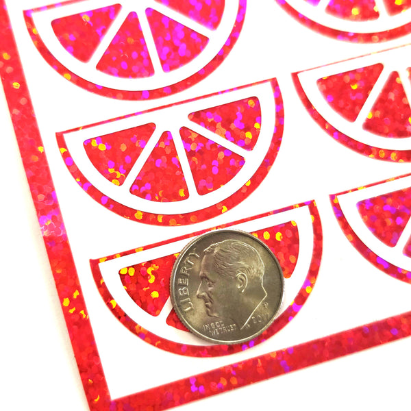 Pink Fruit Slice Stickers, sheet of 24 sparkly pink and white citrus vinyl decals.
