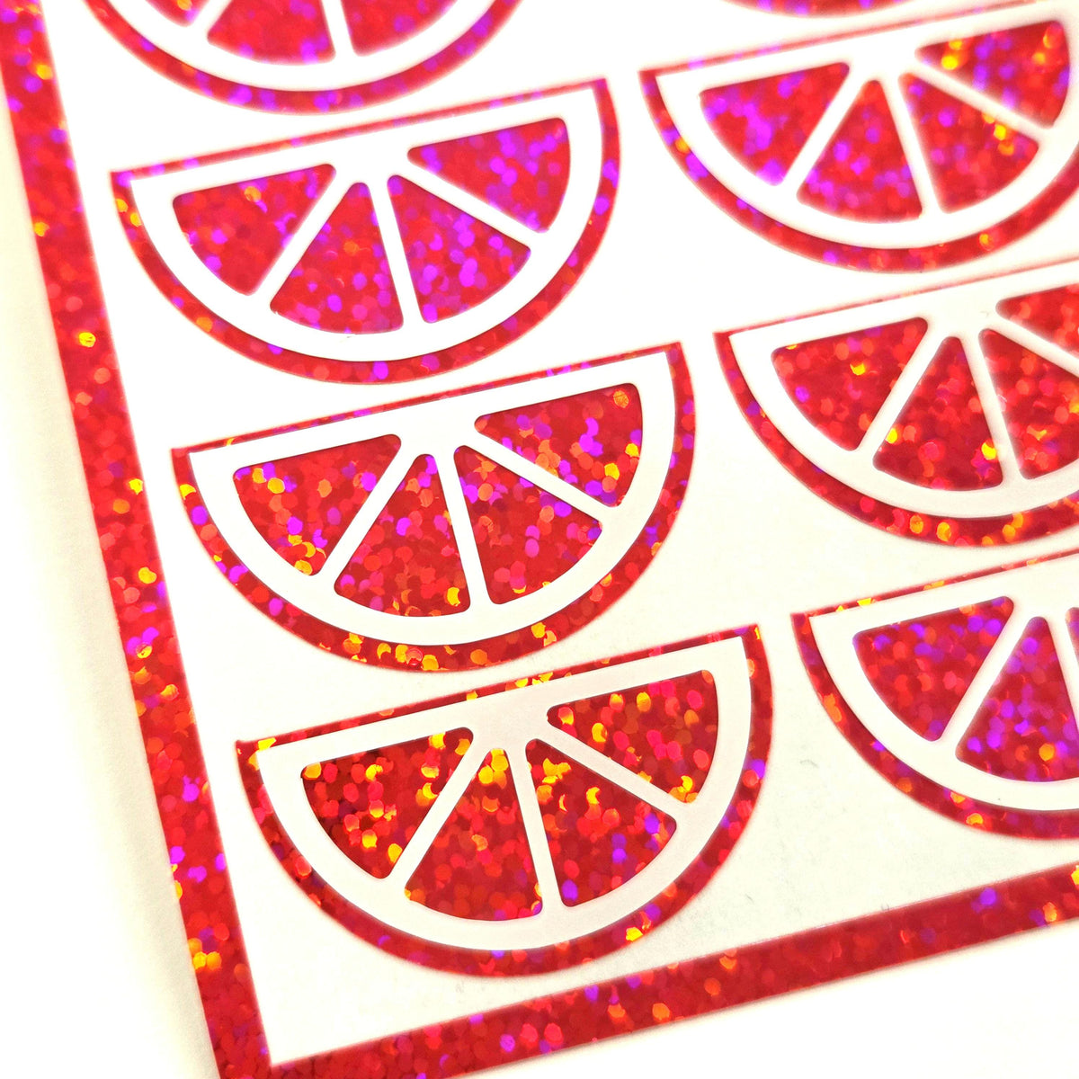 Orange Fruit Slice Stickers, sheet of 24 sparkly orange and white citrus vinyl decals.