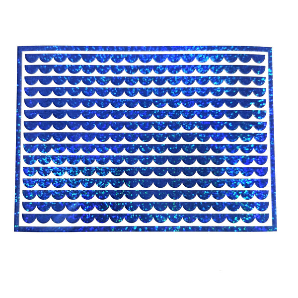 Blue Scalloped Border Stripe Stickers for notecards, envelopes and junk journals. Sheet of 15 individual sparkly vinyl edge strips.