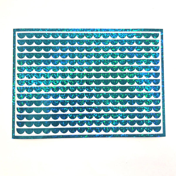 Turquoise Scalloped Border Stripe Vinyl Stickers for notecards, envelopes and journals. Sheet of 15 sparkly teal edge strips.