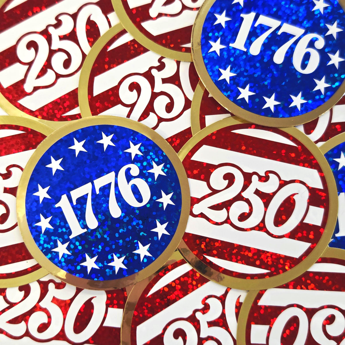 250th USA birthday stickers, set of 2 patriotic vinyl decals of 1776 American flag.