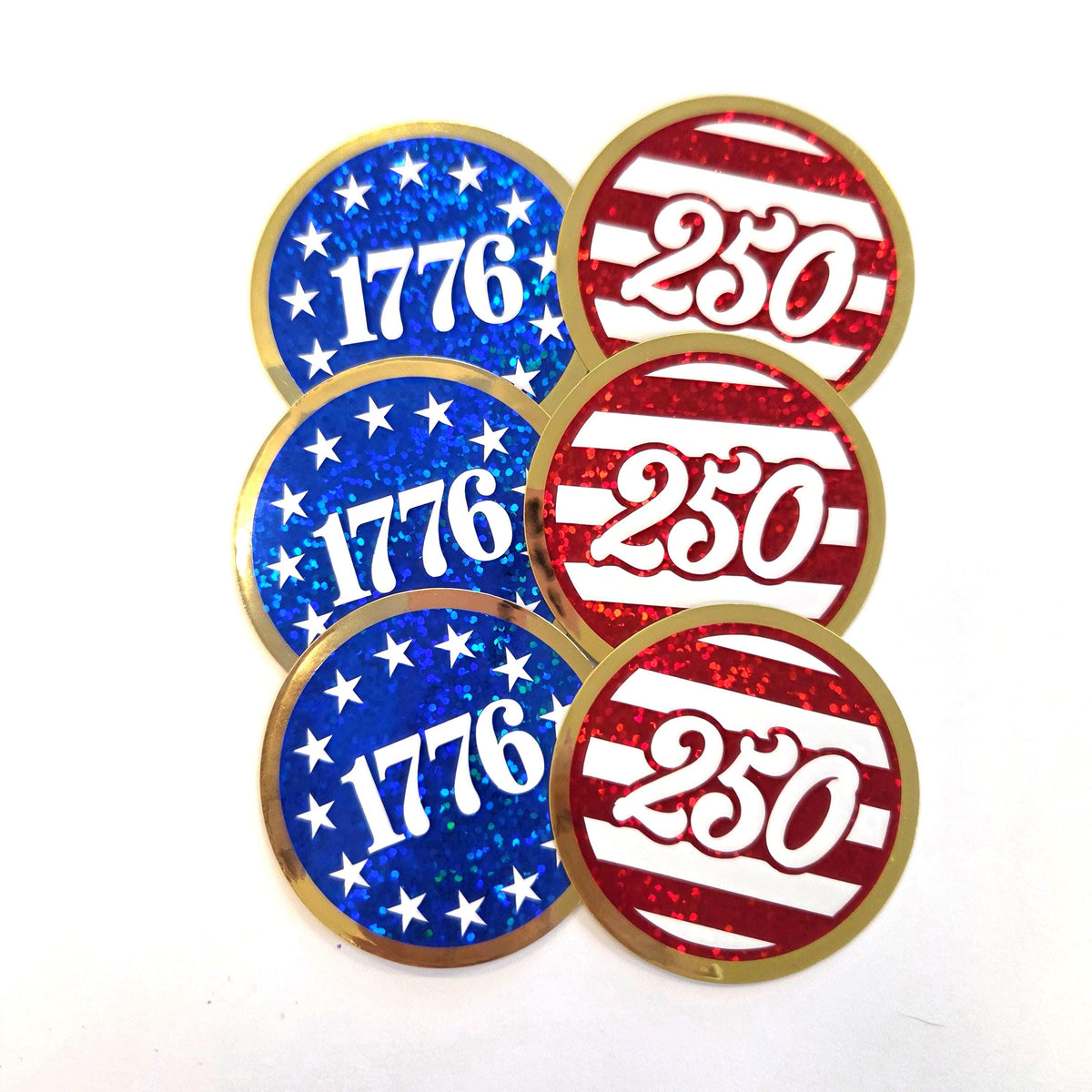 250th USA birthday stickers, set of 2 patriotic vinyl decals of 1776 American flag.