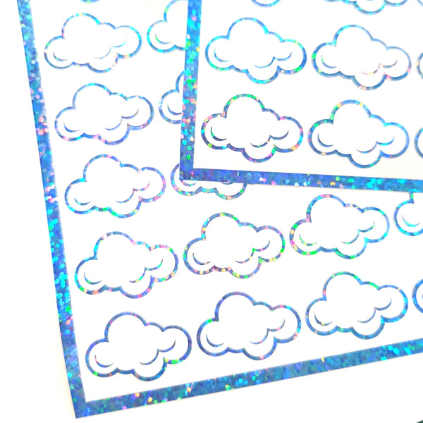 White Cloud Stickers, sheet of 32 sparkly vinyl decals, perfect for a weather tracker or a fun school science project. Silver Lining.