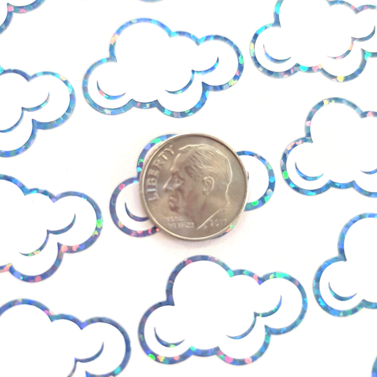 White Cloud Stickers, sheet of 32 sparkly vinyl decals, perfect for a weather tracker or a fun school science project. Silver Lining.